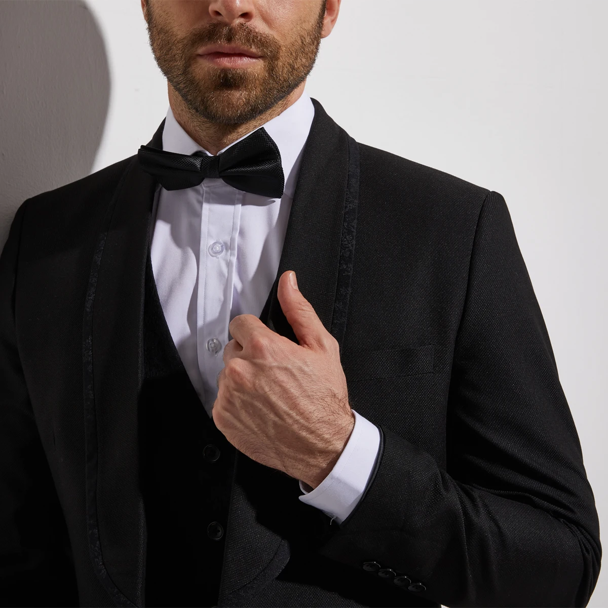 Custom Tailored Jacquard Tuxedo Suit for Men Shiny Black Pattern Wedding Attire with Contrast Shawl Lapel Textured Jacquard Vest