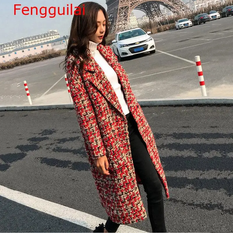 

Autumn Winter Coat 2019 New Women Woolen Overcoat Lapel Long Plaid Blend Red Tweed Jacket Ladies Elegant Outwear
