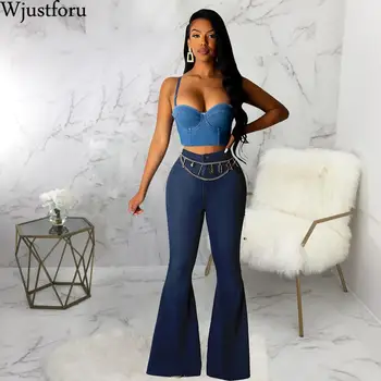 

Wjustforu Bodycon Denim Flare Pants Women Fashion Casual Wide Leg Jeans For Female Elegant High Waist Long Pants Vestidos