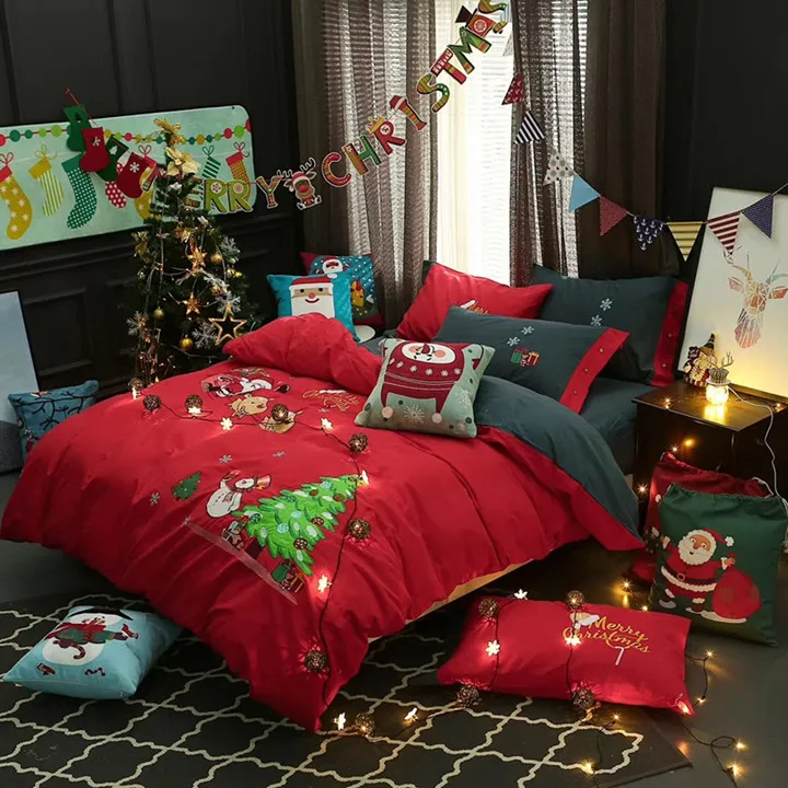 60S Egyptian Cotton Red Christmas Luxury Bedding Set Twin Queen King size Kids Adults Duvet cover Bed sheet set New Year Gifts | Дом и сад