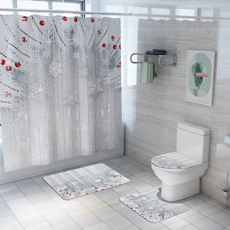 

Merry Christmas Bathroom Waterproof Shower Curtain Set Pedestal Rug Lid Carpet Toilet Cover Bath Mat Set