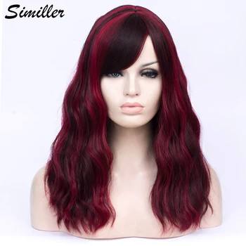 

Similler Women Synthetic Ombre Curly Hair Cosplay Wig with Bangs Medium High Temperature Fiber Black Red Highlight Wigs