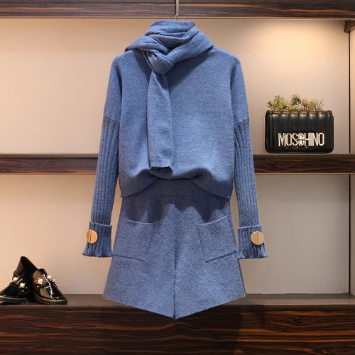 

Plus Size 4XL Buttons Knit Long Sleeve Fashion O-Neck Jumper Sweaters Tops+Elastic High Waist Shorts Women Autumn Winter Sets