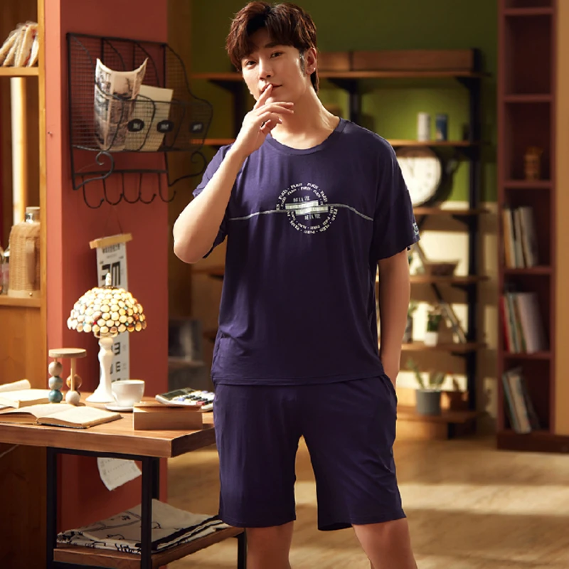 

L-XXXL Big Size New Summer Pajama Sets Men Cotton Short Sleeve O-Neck Print Geometric Soft Pajama for Men Sleepwear Homewear