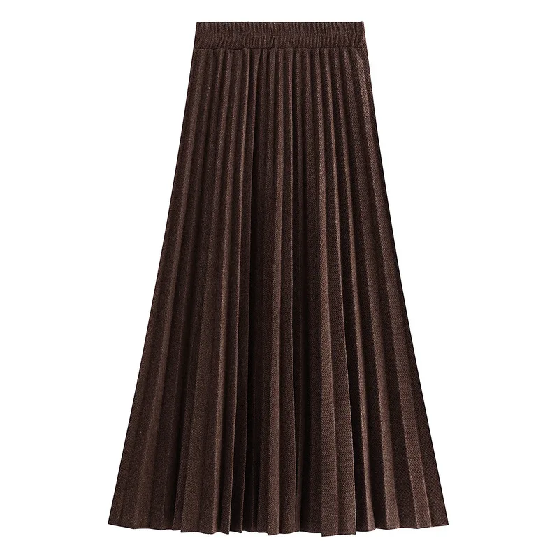 Кофе, бежевый, серый, черный гибкий стрейч высокой талией Миди Плиссированные линии шерсть шерстяная юбка-Зонтик для женщин юбки женские