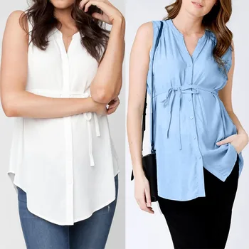 

Maternity clothes pregnant women Chiffon Blouse Pregnancy Clothes V-Neck belt Pregnant fashion White BlueTops одежда для женщин