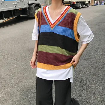 

2019 autumn and winter Vintage style v neck knitted rainbow stripe sleeveless vest sweaters womens pullovers womens (F1353)