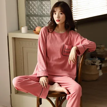 

Cotton Pajamas Women's Long-sleeved Loose High-grade Huispak Vrouwen Pure Cotton Pullover Casual Home Suit Autumn and Winter