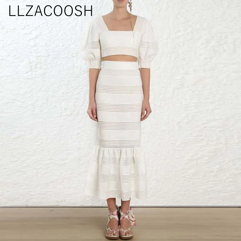 Ladies Holiday Beach White Suit Runway Women Lantern sleeve Hollow Out Crop Tops+Bodycon Bowknot Mermaid Long Skirts 2 Piece set |
