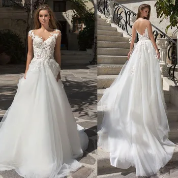 

Modest Scoop Neckline Cap Sleeve Tulle Lace Applique A-line Wedding Dress with Illusion V-back Court Train Bridal Dress