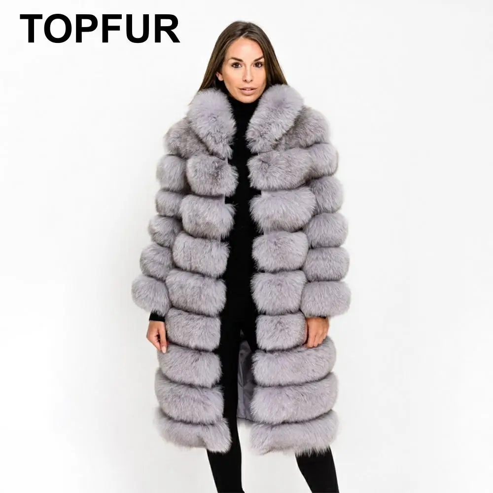 TOPFUR, модное серое пальто, длинное пальто из натурального меха, Женское пальто из меха лисы с меховым капюшоном, полный рукав, Женская куртка из меха лисы
