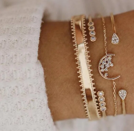 4 Pcs/set Gold Moon Star Bracelets for Women Geometry Crystal Opal Boho Cuff Bracelet Bangle Set Party Jewelry |