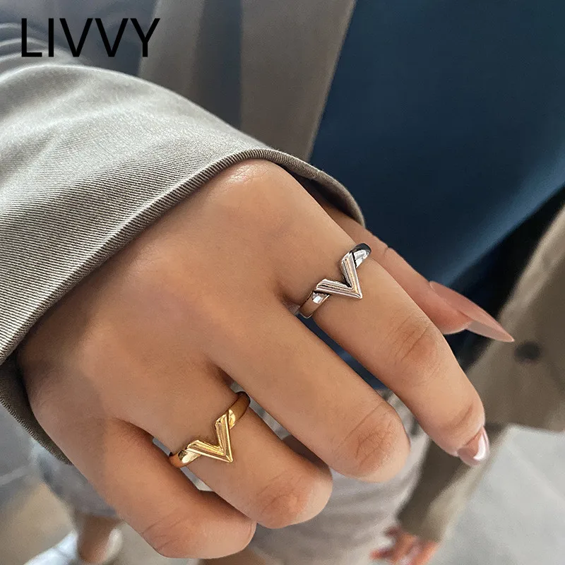 LIVVY Silver Color Rings for Women V Shape Gold Color Vintage Wedding Trendy Jewelry Adjustable Antique Delicacy Party Gifts