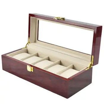 

5 slots luxury fashion men home dark red color wooden watch box top quality watch storage box for men Watches 200803-21