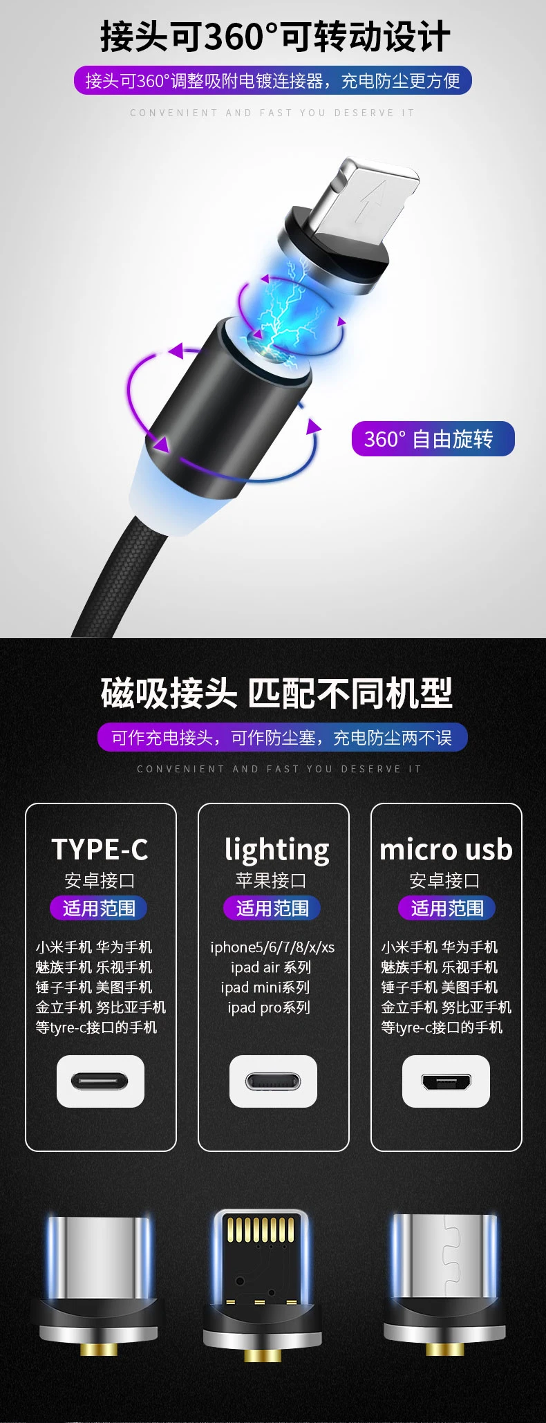 GZSP Магнитный USB кабель, быстрая зарядка, USB кабель, Магнитный зарядный кабель для передачи данных, Micro USB кабель для мобильного телефона для iPhone