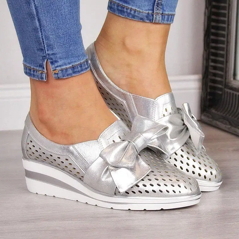 

AIWEIYi Women Shoes Bowtie Loafers Soft Leather Elegant Wedge Heel High Heels Slip On Footwear Female Pointed Toe Shoes Woman