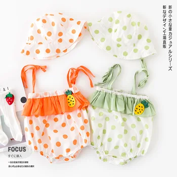 

Summer New Bodysuit Newborn Cotton Pineapple Polka Dot Sling Triangle Romper Baby Girl Infant Package Fart Clothing with Hat
