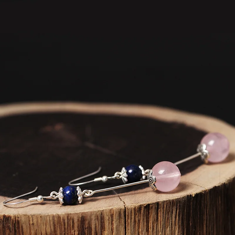 Оптовая Продажа 925 стерлингового серебра натуральный Лапис камень розовый серьги из розового кварца для женщин дамы драгоценные ювелирные