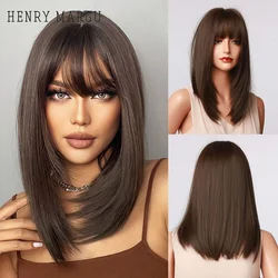 HENRY MARGU Dark Brown Medium Long Bob Synthetic Wigs with Bangs Layered Hair Natural Straight Wigs for Women High Temperature