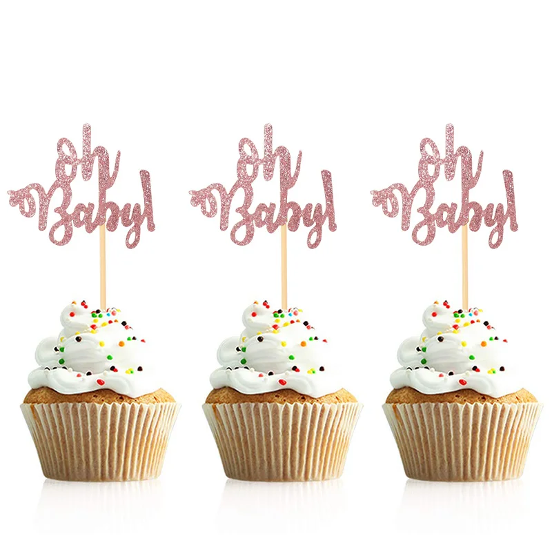 10Pcs Gold Oh Baby Cupcake Topper Boy Girl Baby Shower Gender Reveal Kids 1st Birthday Party Decoration Cake Decorating Supplies