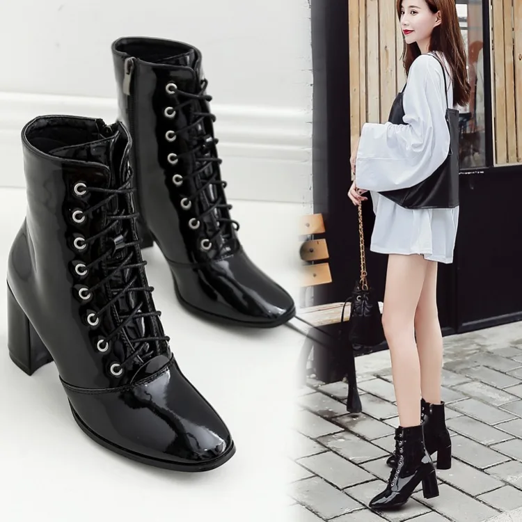 

Rock Shoes Woman Med Heel Boots Low Heels booties Booties Ladies Luxury Designer Round Toe Lace Up Zipper Martins Ankle 2019