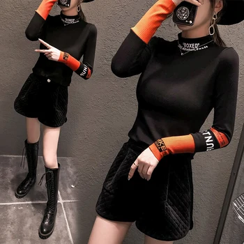 

Long-sleeved T-shirt Women's Thick Black Slim Fit Base Shirt 2020 Winter New Style Versatile Half-Turtle-Neck Tops 7909