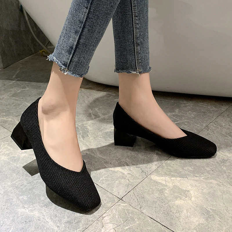

Knit high heels thick heel Women Stretch Fabric Pumps Elegant breathable Square toe Concise Office High Heel Shoes women