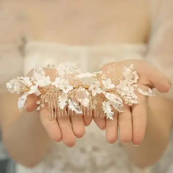

Bridal Hair Jewelry Porcelain Flower Leaf Hair Combs Pin Gold Pearl Crystal Hairpin Headpiece Party Bride Wedding Accessories