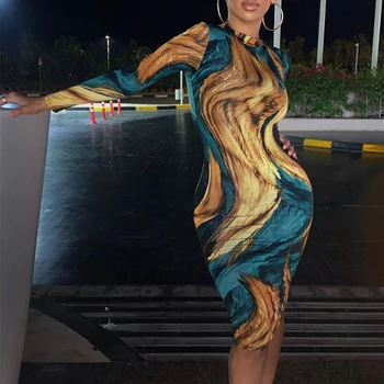 

2020 New Fashion Print Tie Dye Long Sleeve Colorful Sexy Midi Dress Elegant Autumn Winter Women Bodycon Party Streetwear Outfits