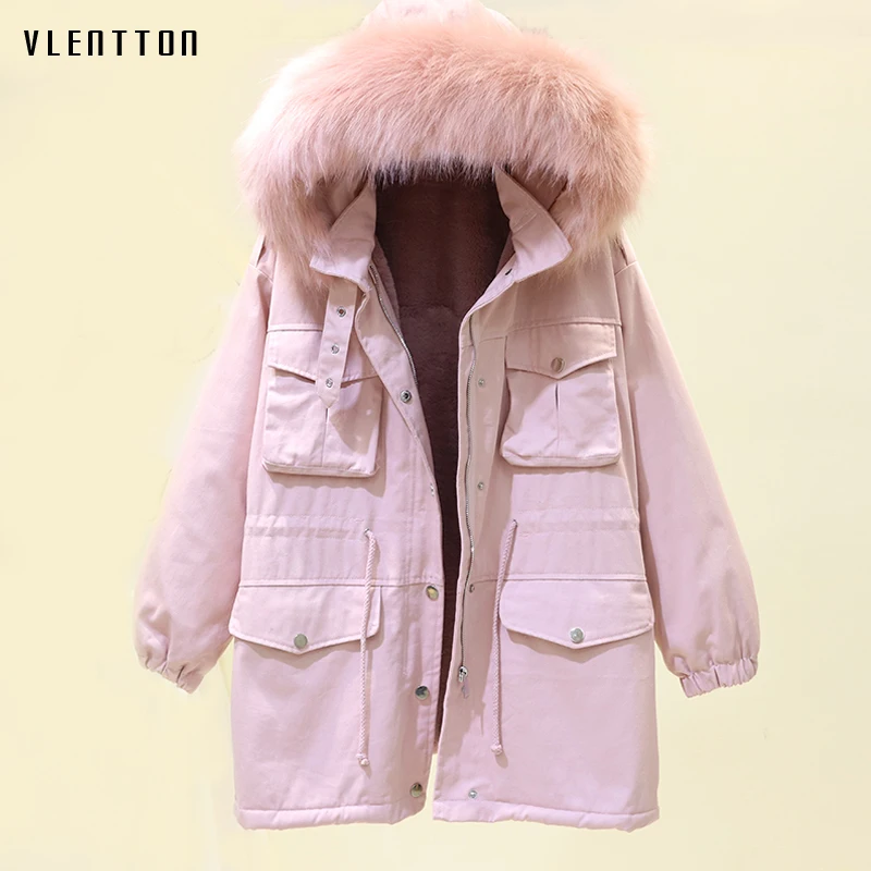 Зимняя розовая длинная Вельветовая куртка с большим меховым воротником, пальто, женские пальто, Корейская парка с капюшоном, Женская Повседневная Верхняя одежда