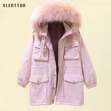 Зимняя розовая длинная Вельветовая куртка с большим меховым воротником, пальто, женские пальто, Корейская парка с капюшоном, Женская Повседневная Верхняя одежда