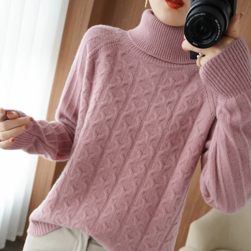 

2021 new autumn and winter women's high-neck twisted sweater INS gentle and loose outer wear lazy style pullover sweater