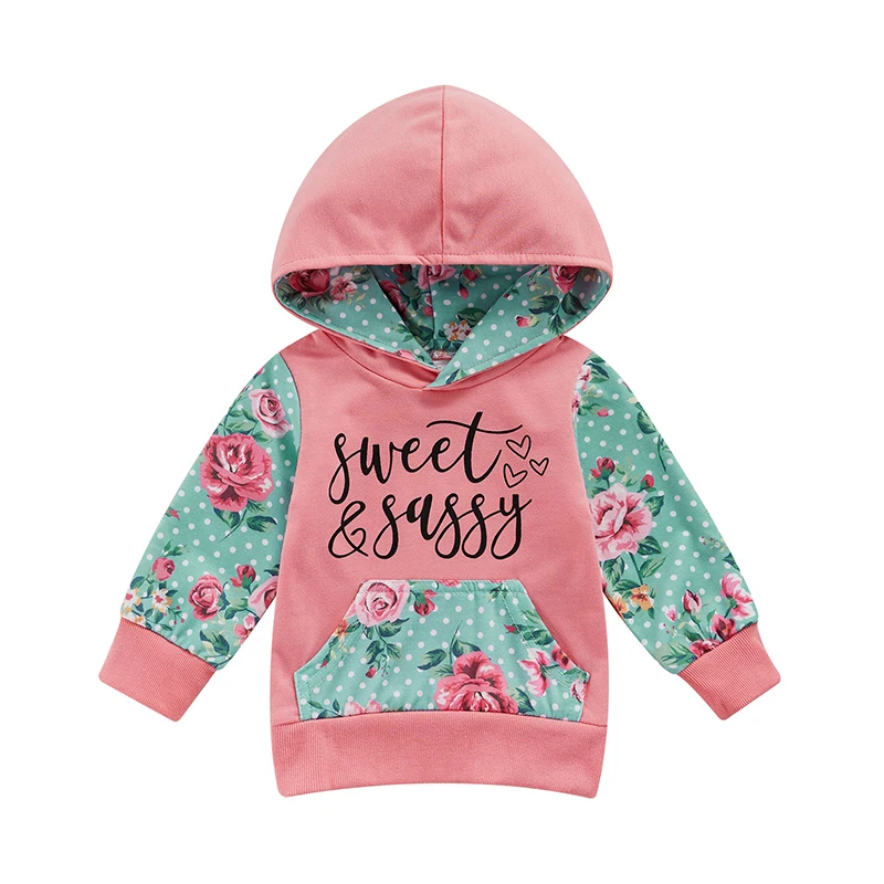 Infant Baby Girls Hooded Sweatshirt Long Sleeve Floral Dot Letter Print Pullovers Autumn Winter