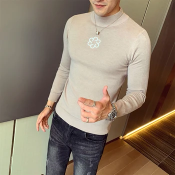 

Men's Turtleneck Sweater Embroidery Solid Color Knitted Pullovers 2019 Autumn Winter Sweaters Male Casual Slim Fit Knitwear Tops