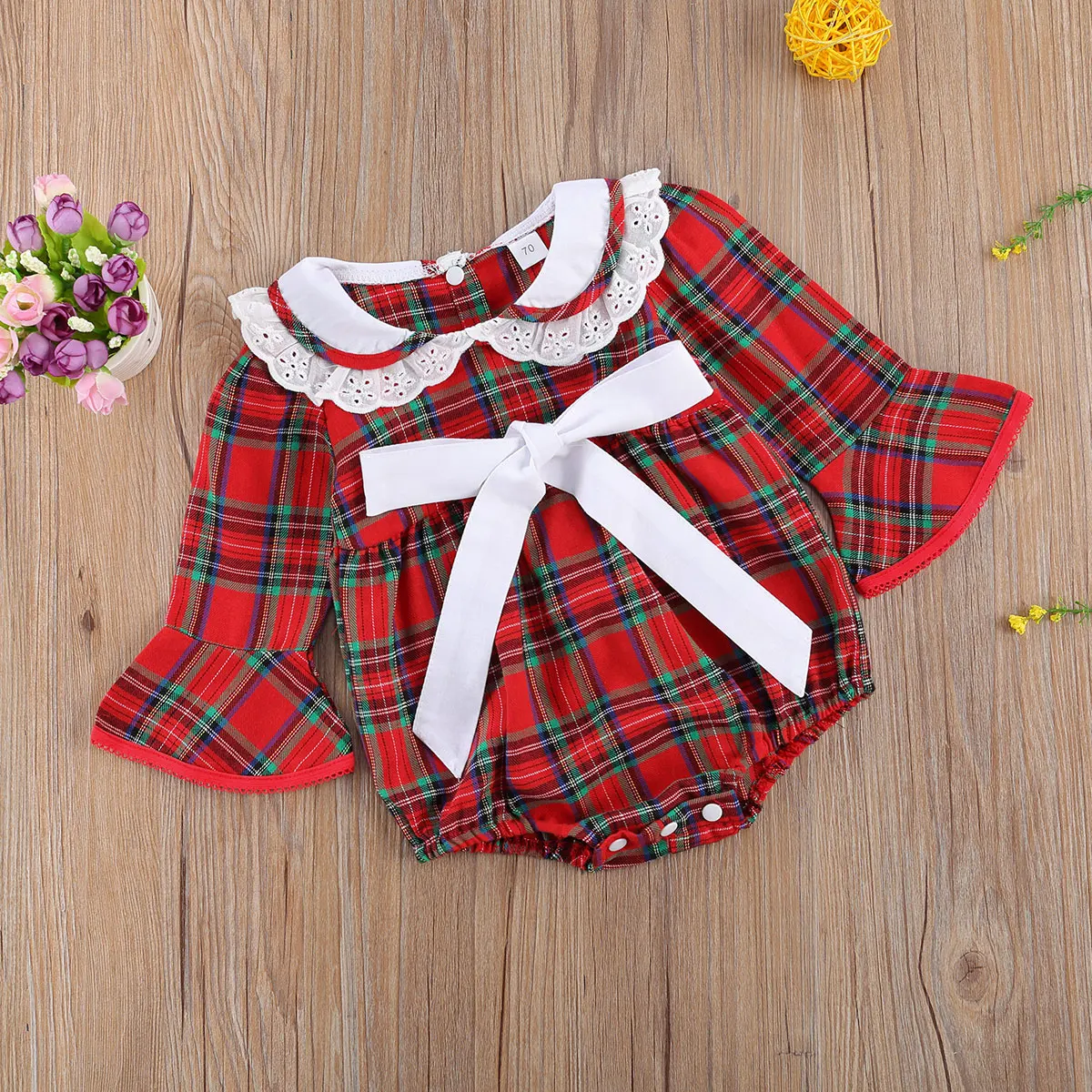 

Baby Girl Plaid Print Jumpsuit with Bow-knot Flare Sleeve O-neck with Lace Romper Button-up Clothing for Spring Fall