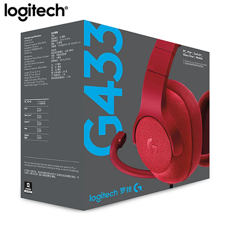 Красный Игровые наушники logitech G433, 7,1, объемный звук, профессиональная геймерская Проводная гарнитура с микрофоном для ПК, PS4, Xbox One, nintendo Switch - Цвет: Красный