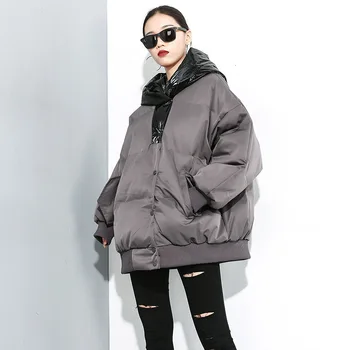 

girl Patchwork Hooded Parka Woman Winter 2019 Loose Covered Button Parka Thick Pockets Parka Black Gray Army green QYF1196