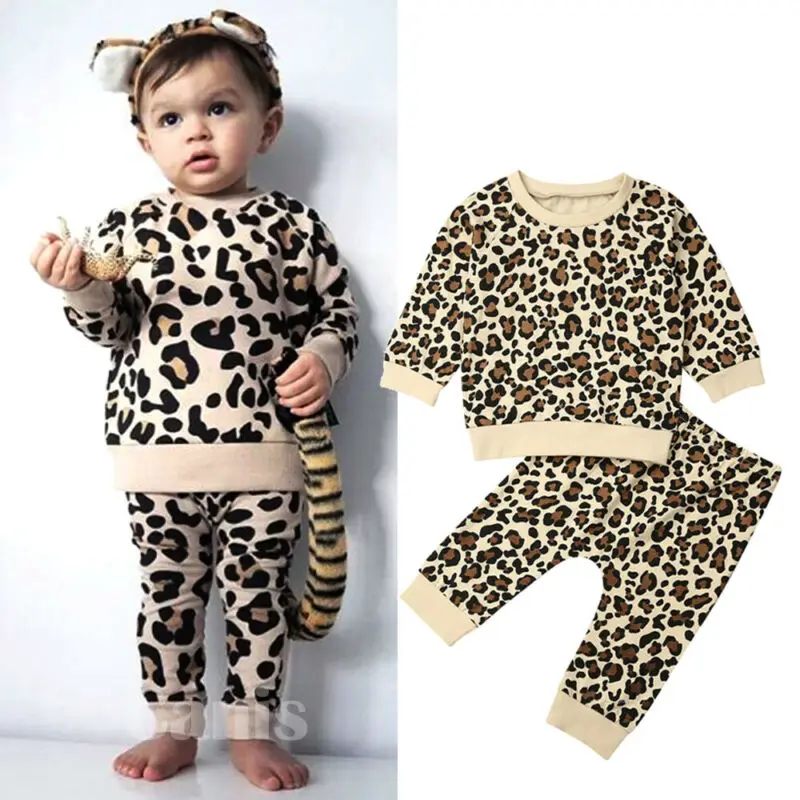 2Pcs/Set Toddler Kids Baby Girl Long Sleeve Tops T Shirt Pants Leopard Printed Outfits Clothes Autumn Children Tracksuit 1-6T