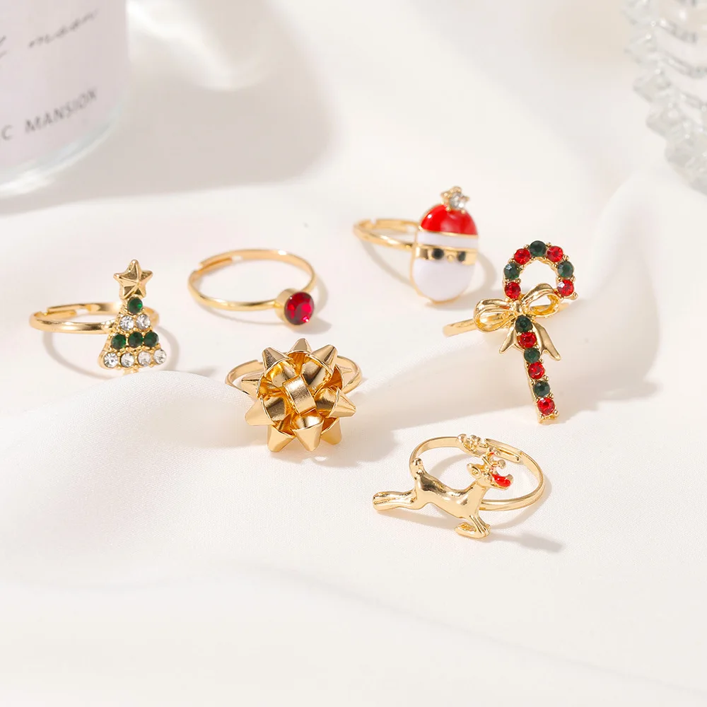 

6Pcs/Set New Christmas Elk Santa Ring For Women Fashion Cute Gold Color Drip Glaze Adjustable Finger Ring Holiday Party Jewelry