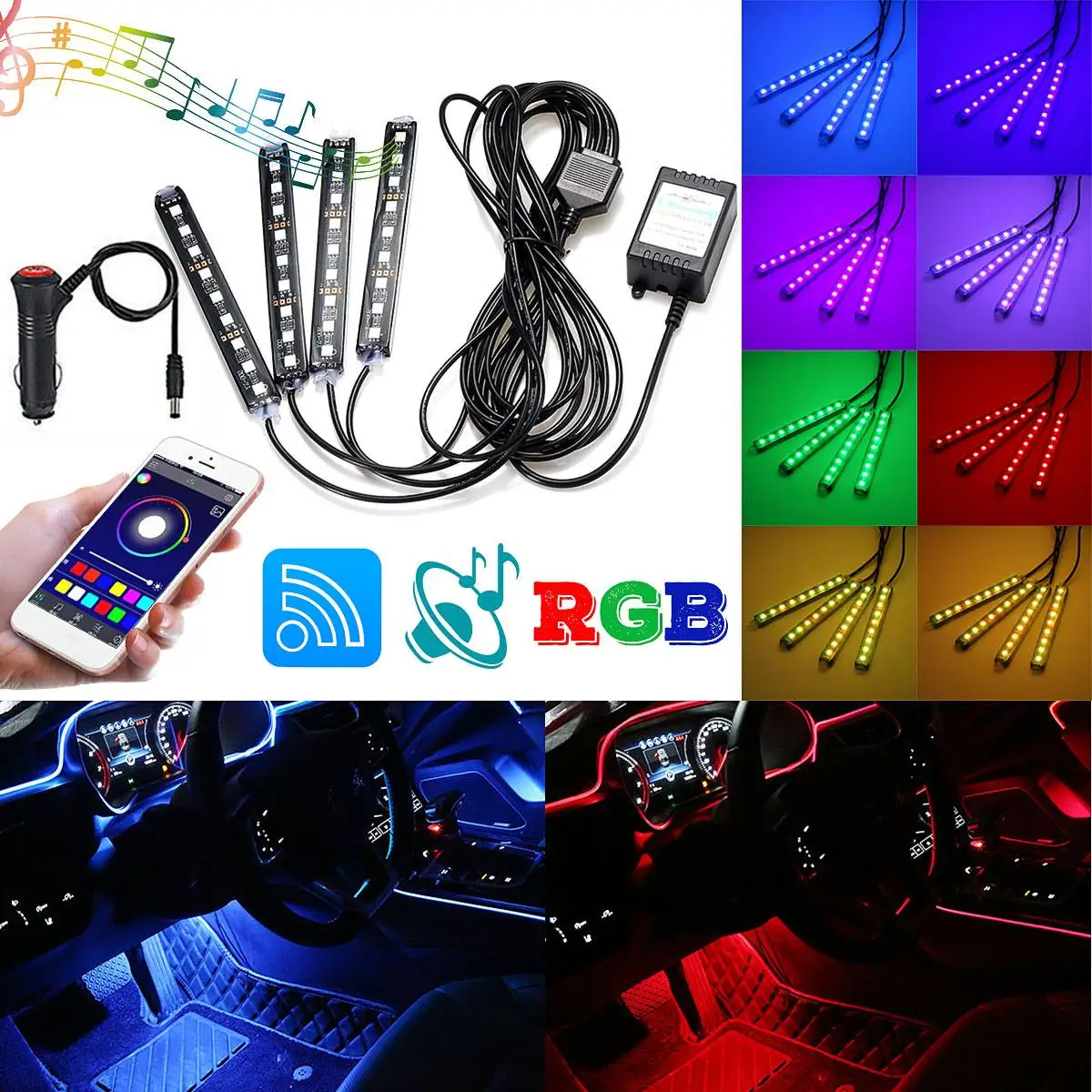 4 pièces bande LED pour voiture lumière bande décorative rvb couleurs téléphone App contrôle voiture style décoratif atmosphère 12V voiture lumière intérieure
