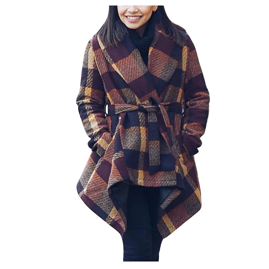 Коричневый Abrigos mujer invierno элегантное женское модное шерстяное пальто в клетку с карманами, Бандажное необычное длинное пальто с длинными рукавами - Цвет: Коричневый