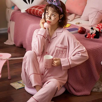

Pajamas Women Autumn and Winter Cotton Long-sleeved Home Service Korean Sweet Plus Size Pajamas Cardigan Women Two-piece Suit