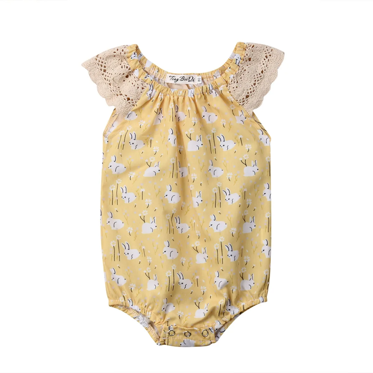 

For Baby Girl Bodysuit Ruffled Lace sleeve Bunny Rabbit Print Bodysuit