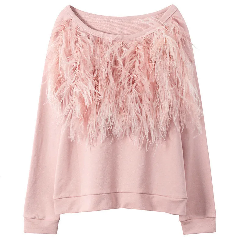 

LANMREM 2019 New Fashion Spring Slash Neck Feather Patchwork Sweatshirt Female's Long Sleeve Sweet Casual Tops Vestido YF73211