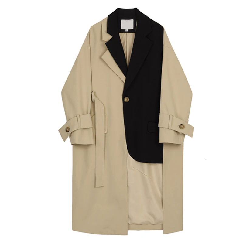 [EAM] New Autumn Winter Lapel Long Sleeve Button Spliced Bandage Loose long big size Windbreaker Women Trench Fashion JY712