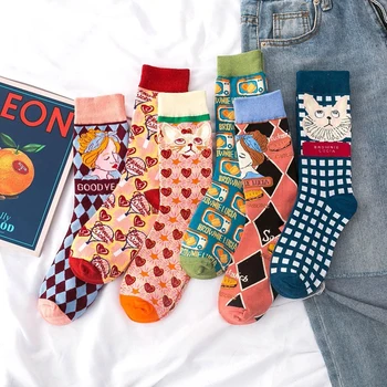 

Creative Funny Cotton Women's Long Socks Cute Cartoon Check Socks Cat Girls Heart Fashion Harajuku Socks Happy Street Sox Female