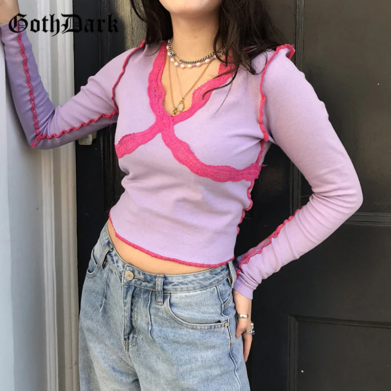 Goth Dark Gothic Fashion Stitch Patchwork T-shirts E-Girl Style V-Neck Long Sleeve Bodycon Crop Tops Autumn Women Streetwear Tee