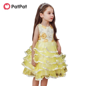 

PatPat 2020 New Arrival Summer Trendy Leaf Embroidered Party Dress Kids Girl Sleeveless Dresses Party Dresses