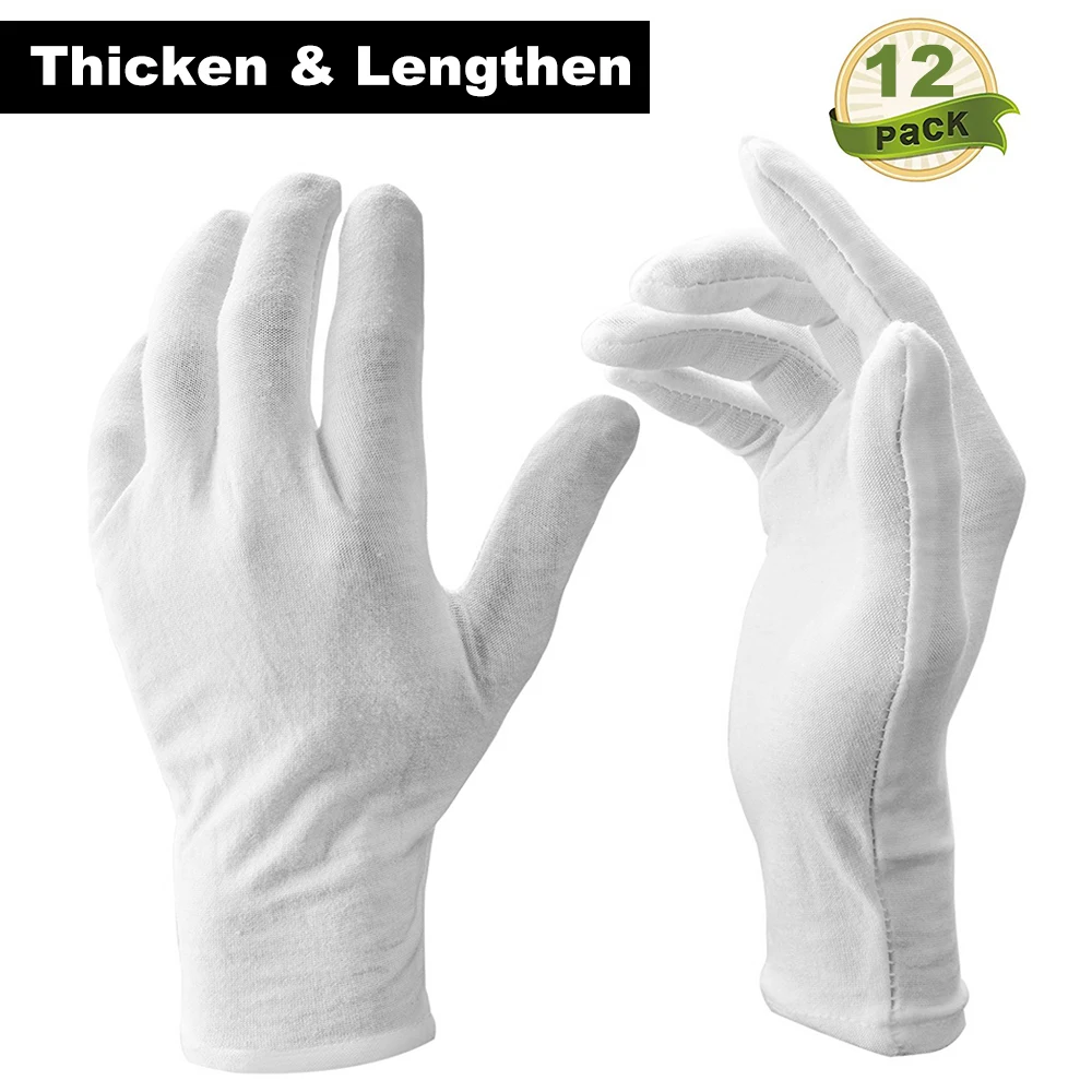 12 пар белых мягких хлопковых церемониальных перчаток, растягивающаяся подкладка, перчатки, ювелирные изделия для монет, серебряные перчатки для осмотра