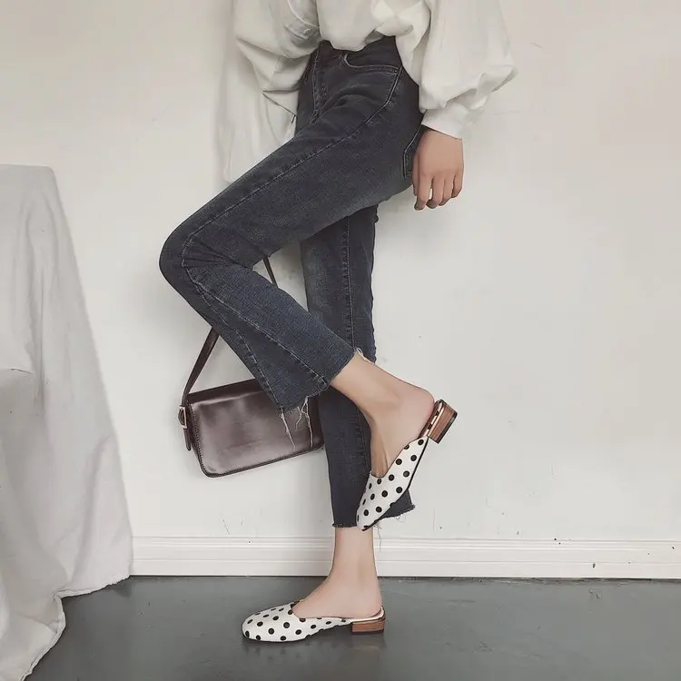 

2019 Summer New Style Korean-style Retro Square Head Polka Dot Flat Closed-toe Nursing ban tuo xie Women's Low Heel Lazy Women's
